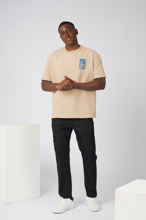 PANTETH Coffee T-shirt with Prussian Blue Ukiyo-e Print