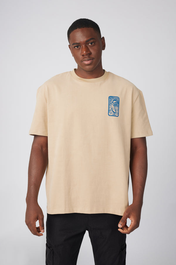 PANTETH Coffee T-shirt with Prussian Blue Ukiyo-e Print